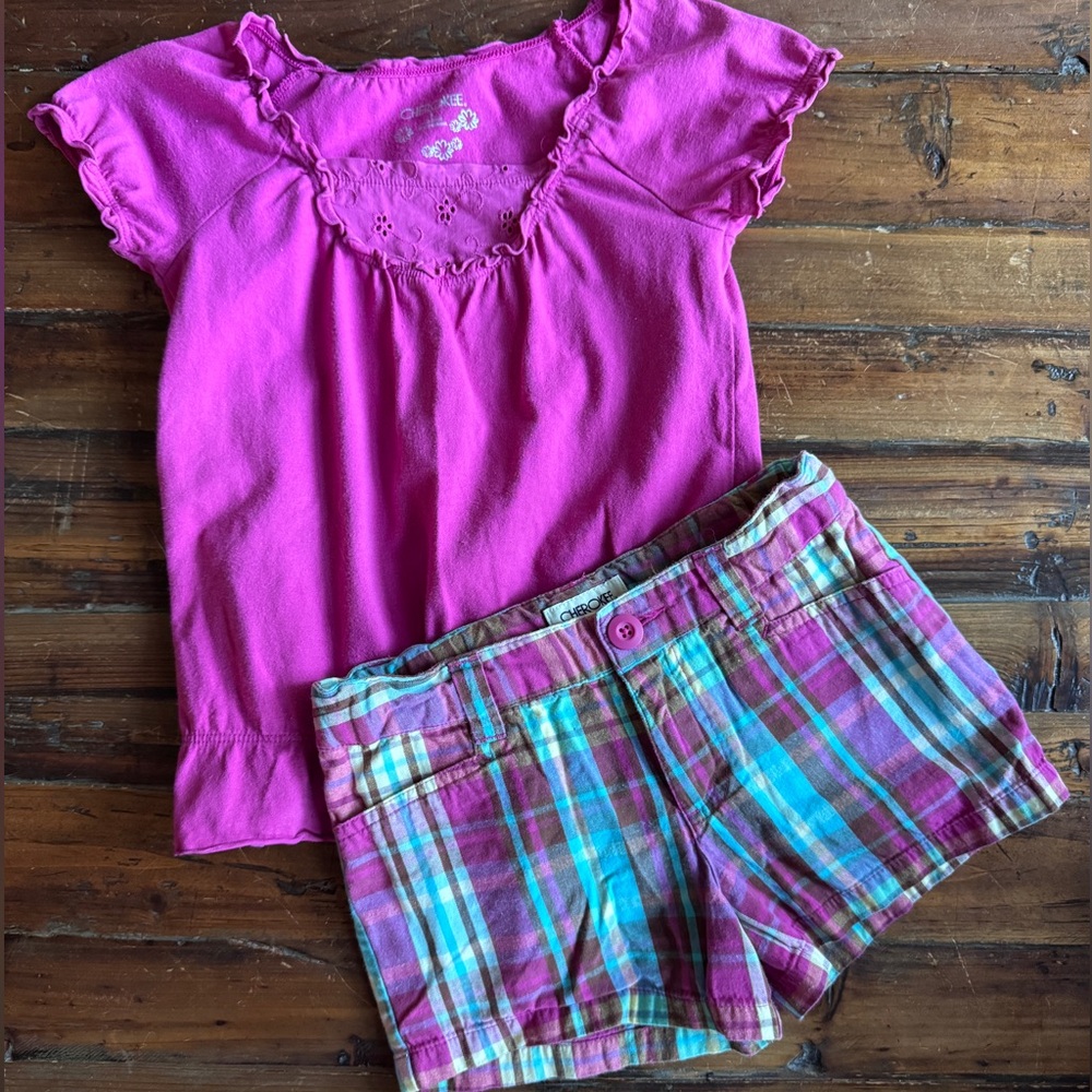 Pink Top and Matching Plaid Shorts Set